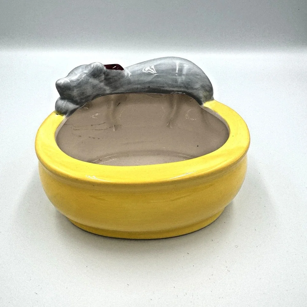 Ceramic Sleeping Gray Cat Planter Trinket Dish Yellow Bowl Red Bow Kitty Decor